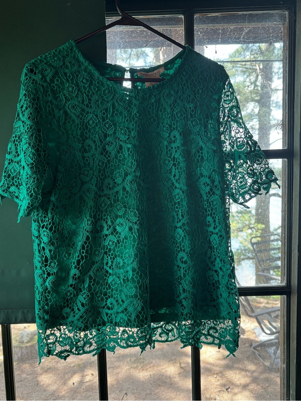 Philosophy Emerald Green Lace Short Sleeve Blouse